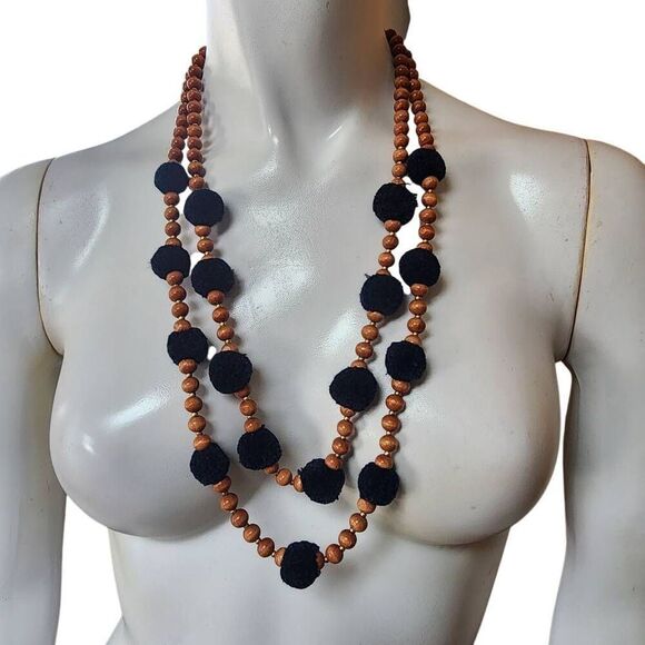 J. Crew Navy Blue Puff Ball & Wood Bead Two-Layer Necklace - Picture 2 of 4